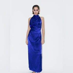 Blue Halter Satin Ruched Maxi Dress